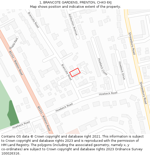 1, BRANCOTE GARDENS, PRENTON, CH43 6XJ: Location map and indicative extent of plot