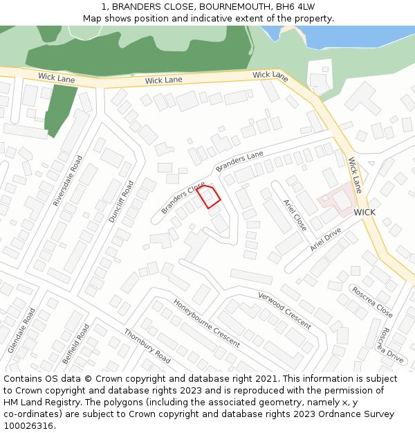 1, BRANDERS CLOSE, BOURNEMOUTH, BH6 4LW: Location map and indicative extent of plot