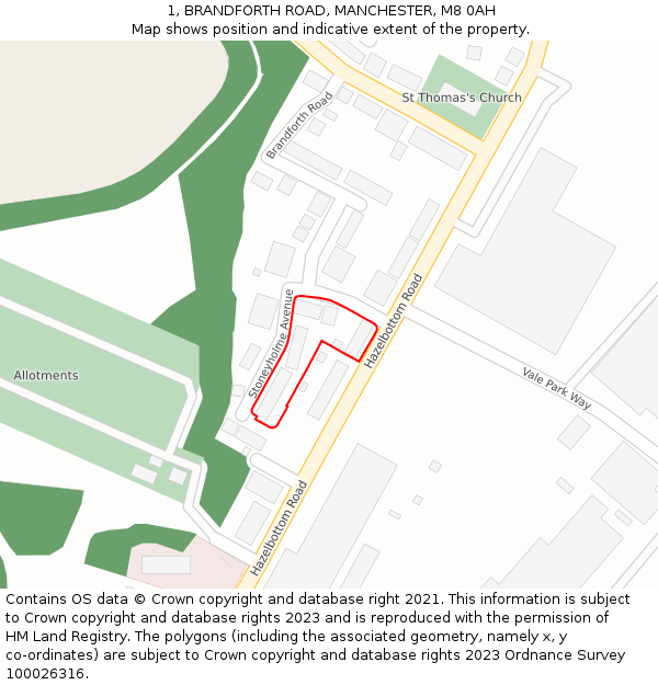 1, BRANDFORTH ROAD, MANCHESTER, M8 0AH: Location map and indicative extent of plot