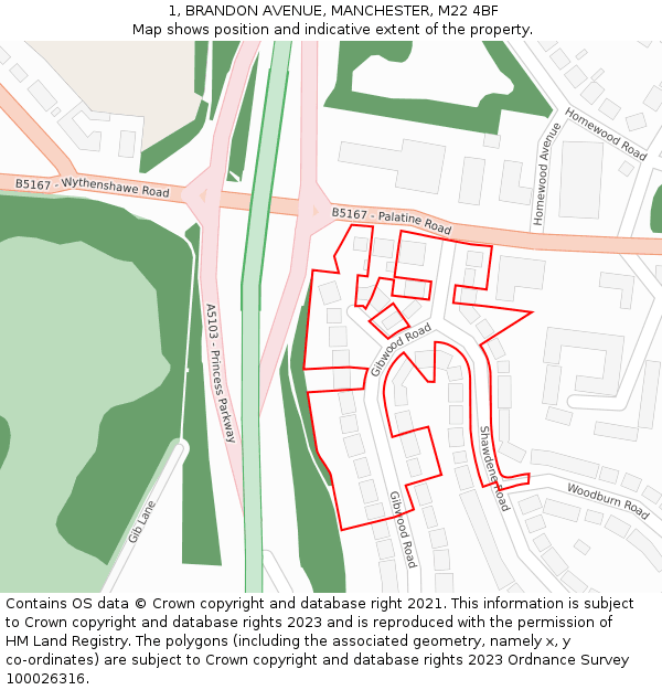 1, BRANDON AVENUE, MANCHESTER, M22 4BF: Location map and indicative extent of plot