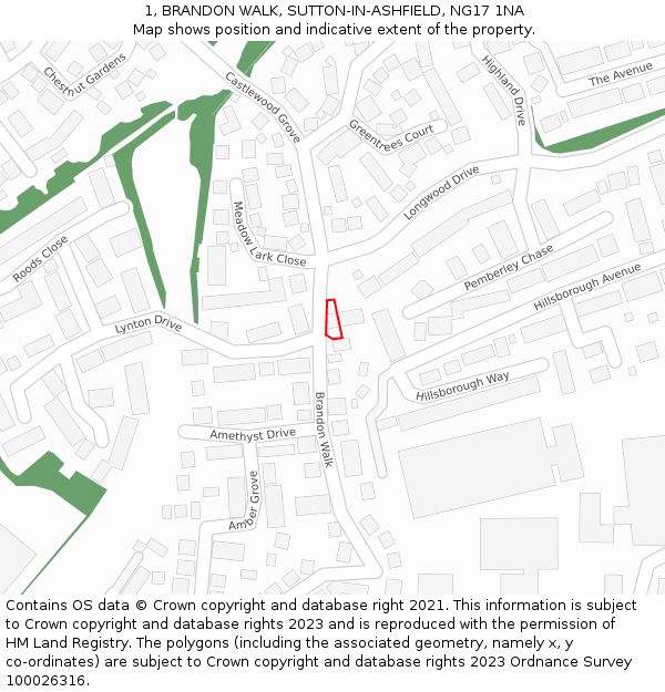 1, BRANDON WALK, SUTTON-IN-ASHFIELD, NG17 1NA: Location map and indicative extent of plot