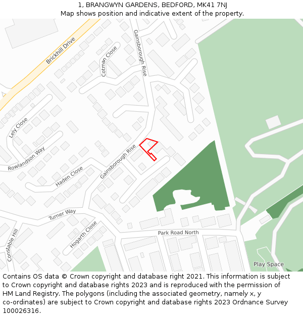 1, BRANGWYN GARDENS, BEDFORD, MK41 7NJ: Location map and indicative extent of plot