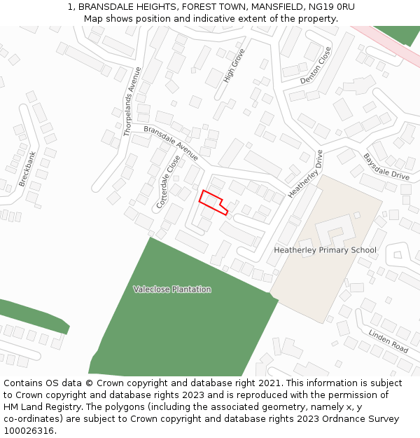 1, BRANSDALE HEIGHTS, FOREST TOWN, MANSFIELD, NG19 0RU: Location map and indicative extent of plot