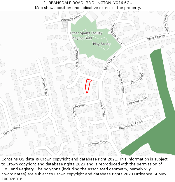 1, BRANSDALE ROAD, BRIDLINGTON, YO16 6GU: Location map and indicative extent of plot