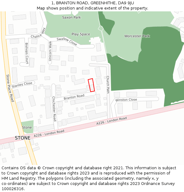 1, BRANTON ROAD, GREENHITHE, DA9 9JU: Location map and indicative extent of plot