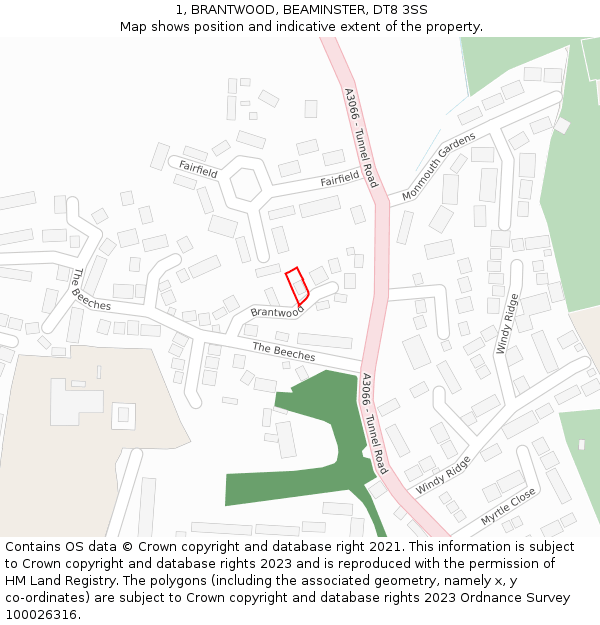 1, BRANTWOOD, BEAMINSTER, DT8 3SS: Location map and indicative extent of plot