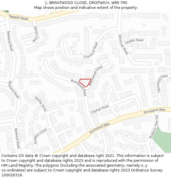 1, BRANTWOOD CLOSE, DROITWICH, WR9 7RS: Location map and indicative extent of plot