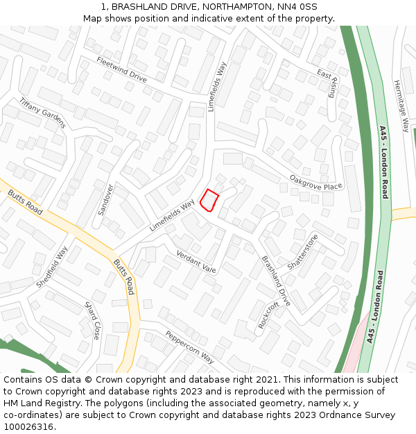 1, BRASHLAND DRIVE, NORTHAMPTON, NN4 0SS: Location map and indicative extent of plot