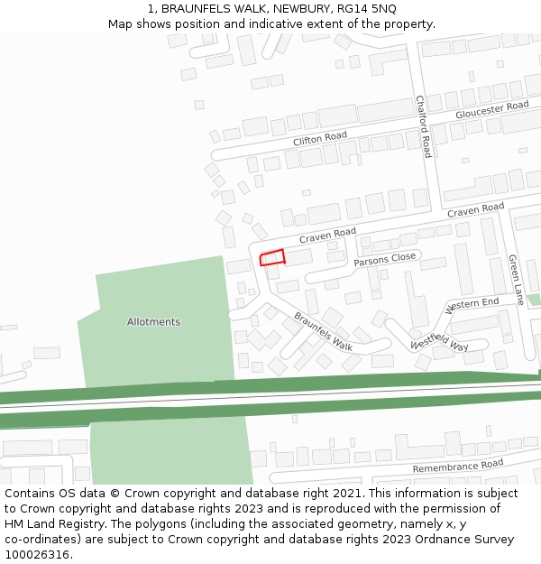 1, BRAUNFELS WALK, NEWBURY, RG14 5NQ: Location map and indicative extent of plot