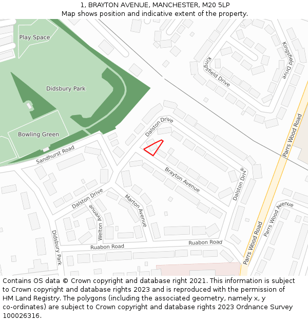 1, BRAYTON AVENUE, MANCHESTER, M20 5LP: Location map and indicative extent of plot
