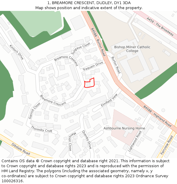 1, BREAMORE CRESCENT, DUDLEY, DY1 3DA: Location map and indicative extent of plot