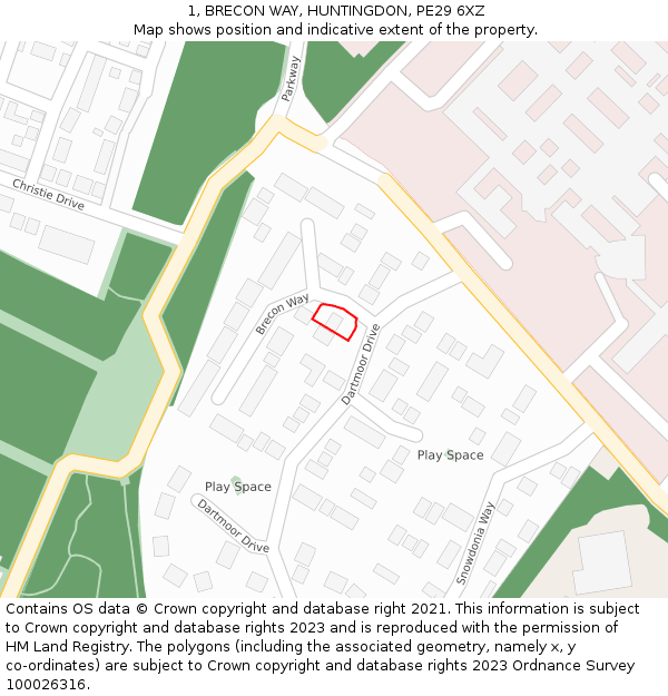 1, BRECON WAY, HUNTINGDON, PE29 6XZ: Location map and indicative extent of plot