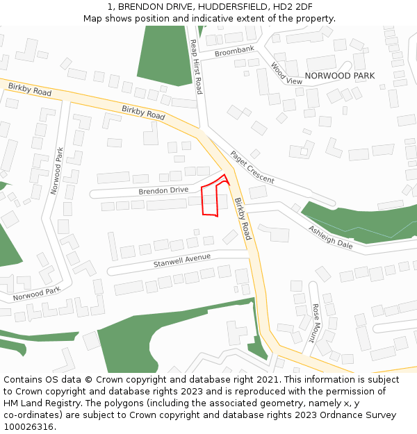 1, BRENDON DRIVE, HUDDERSFIELD, HD2 2DF: Location map and indicative extent of plot