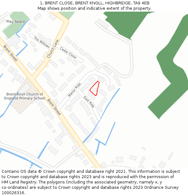 1, BRENT CLOSE, BRENT KNOLL, HIGHBRIDGE, TA9 4EB: Location map and indicative extent of plot