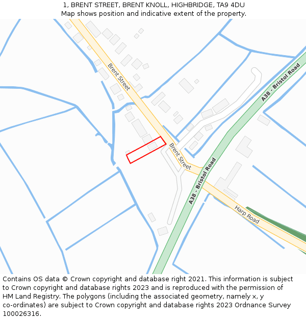 1, BRENT STREET, BRENT KNOLL, HIGHBRIDGE, TA9 4DU: Location map and indicative extent of plot