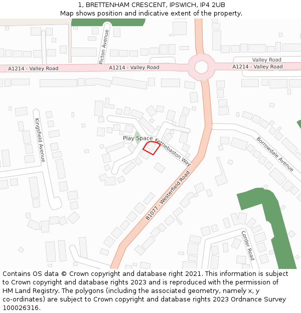 1, BRETTENHAM CRESCENT, IPSWICH, IP4 2UB: Location map and indicative extent of plot