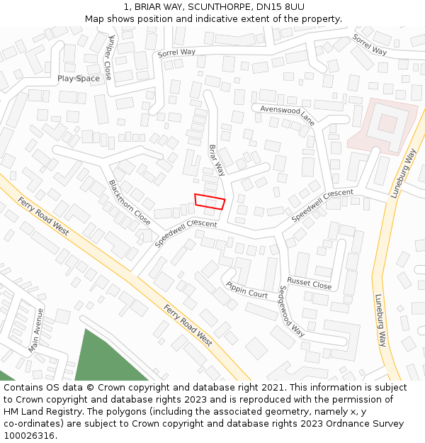 1, BRIAR WAY, SCUNTHORPE, DN15 8UU: Location map and indicative extent of plot