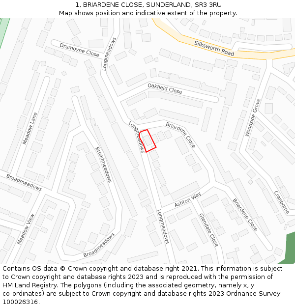 1, BRIARDENE CLOSE, SUNDERLAND, SR3 3RU: Location map and indicative extent of plot