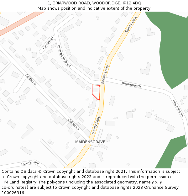 1, BRIARWOOD ROAD, WOODBRIDGE, IP12 4DQ: Location map and indicative extent of plot