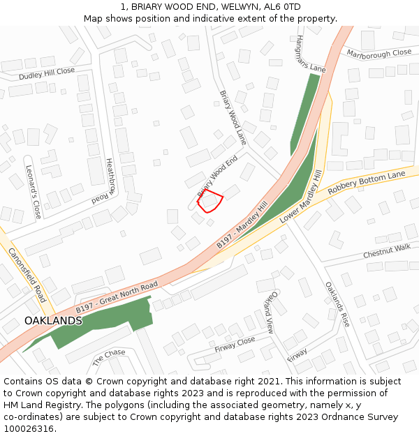 1, BRIARY WOOD END, WELWYN, AL6 0TD: Location map and indicative extent of plot