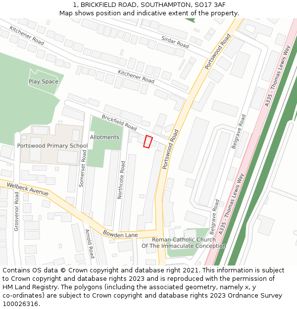 1, BRICKFIELD ROAD, SOUTHAMPTON, SO17 3AF: Location map and indicative extent of plot