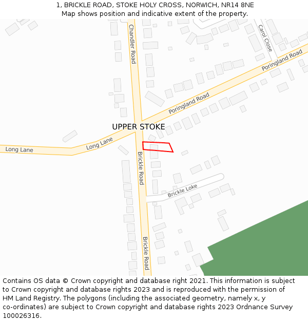 1, BRICKLE ROAD, STOKE HOLY CROSS, NORWICH, NR14 8NE: Location map and indicative extent of plot