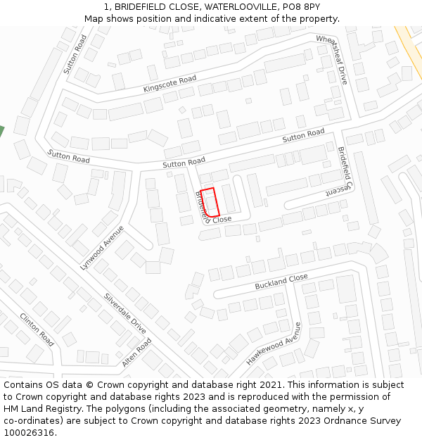 1, BRIDEFIELD CLOSE, WATERLOOVILLE, PO8 8PY: Location map and indicative extent of plot