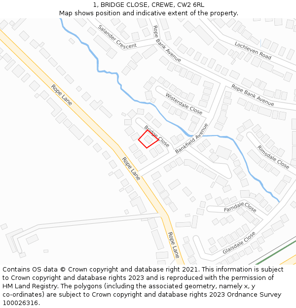 1, BRIDGE CLOSE, CREWE, CW2 6RL: Location map and indicative extent of plot