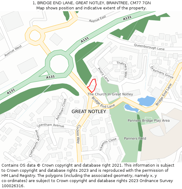 1, BRIDGE END LANE, GREAT NOTLEY, BRAINTREE, CM77 7GN: Location map and indicative extent of plot