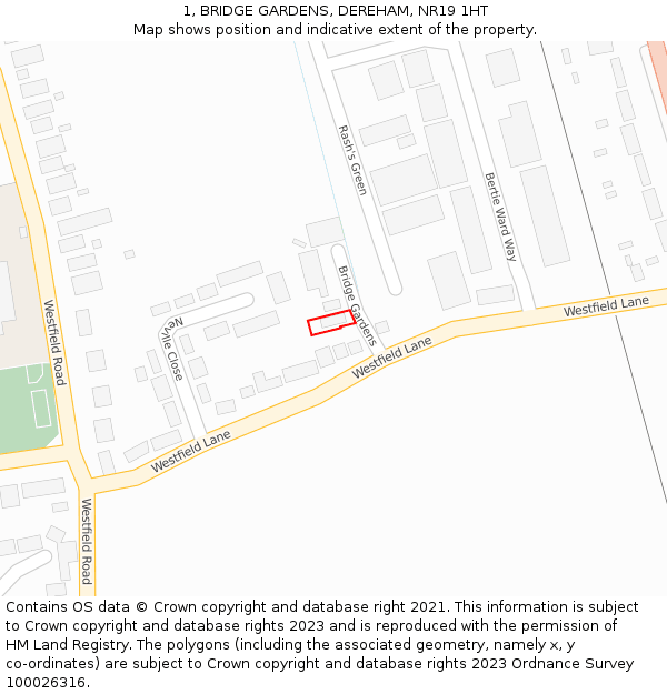 1, BRIDGE GARDENS, DEREHAM, NR19 1HT: Location map and indicative extent of plot