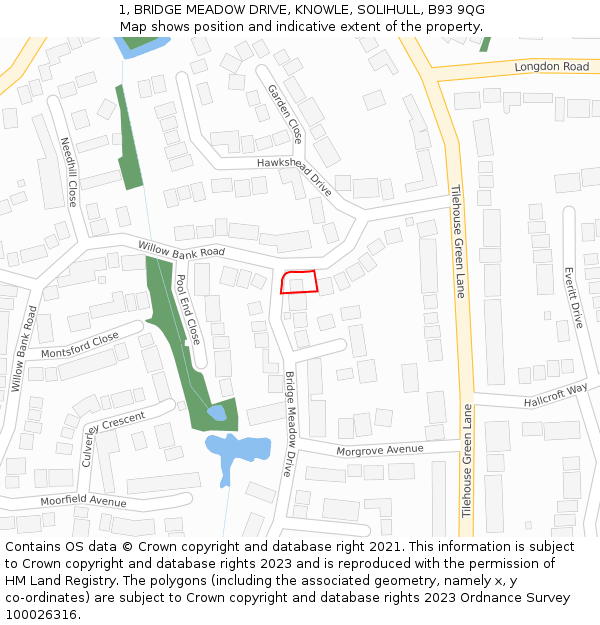 1, BRIDGE MEADOW DRIVE, KNOWLE, SOLIHULL, B93 9QG: Location map and indicative extent of plot