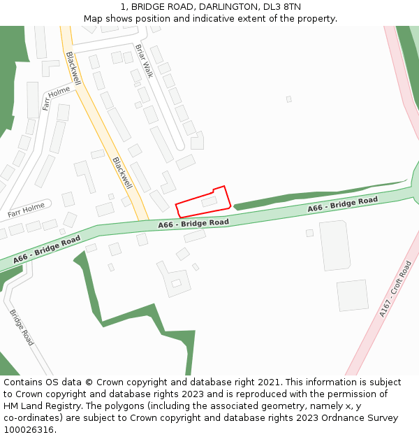 1, BRIDGE ROAD, DARLINGTON, DL3 8TN: Location map and indicative extent of plot