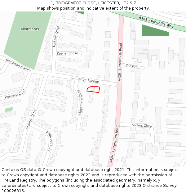 1, BRIDGEMERE CLOSE, LEICESTER, LE2 9JZ: Location map and indicative extent of plot