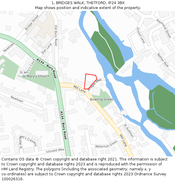 1, BRIDGES WALK, THETFORD, IP24 3BX: Location map and indicative extent of plot