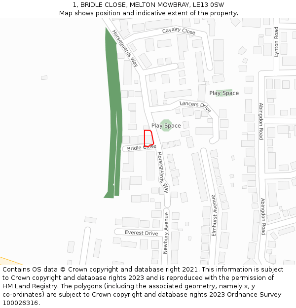 1, BRIDLE CLOSE, MELTON MOWBRAY, LE13 0SW: Location map and indicative extent of plot