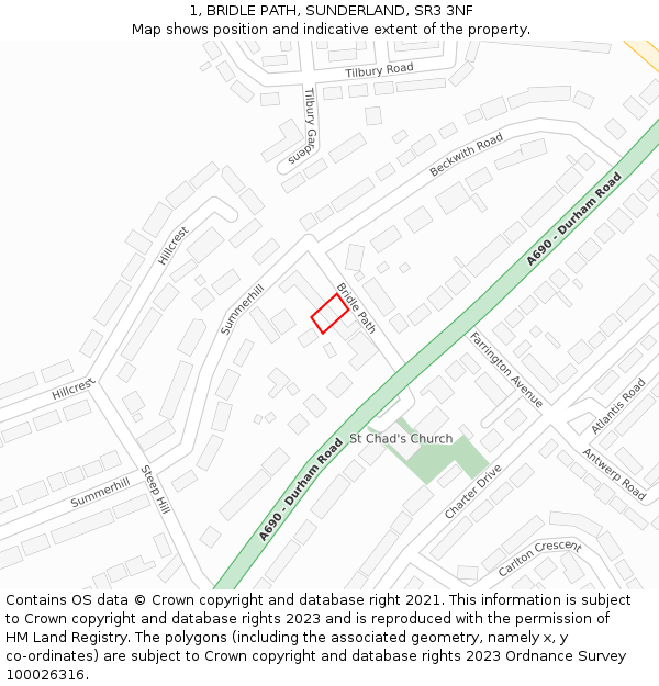 1, BRIDLE PATH, SUNDERLAND, SR3 3NF: Location map and indicative extent of plot