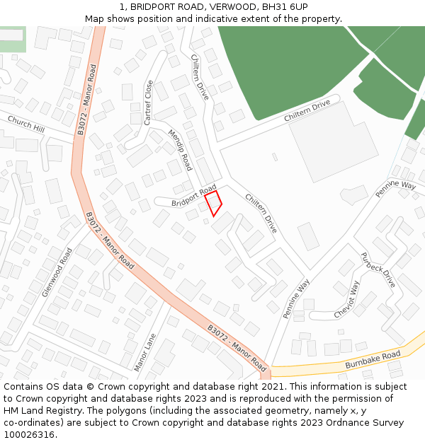 1, BRIDPORT ROAD, VERWOOD, BH31 6UP: Location map and indicative extent of plot