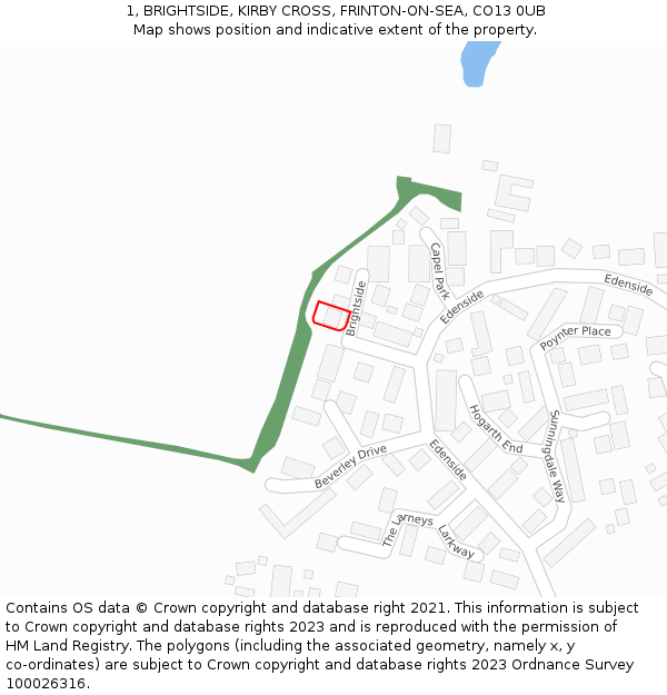 1, BRIGHTSIDE, KIRBY CROSS, FRINTON-ON-SEA, CO13 0UB: Location map and indicative extent of plot