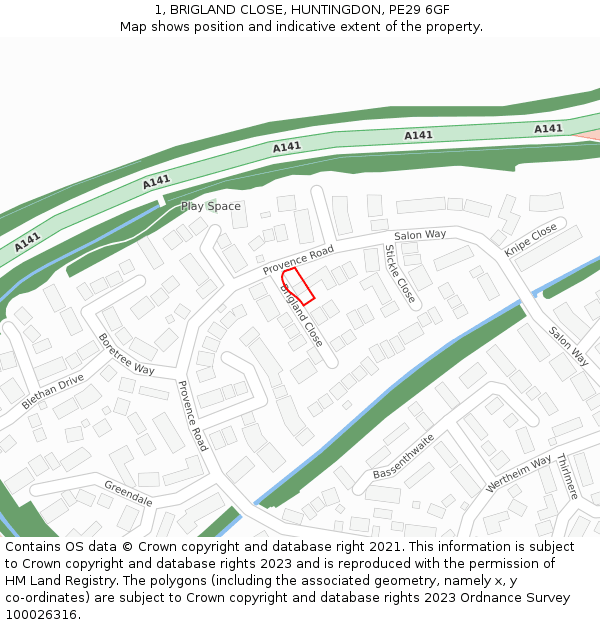 1, BRIGLAND CLOSE, HUNTINGDON, PE29 6GF: Location map and indicative extent of plot