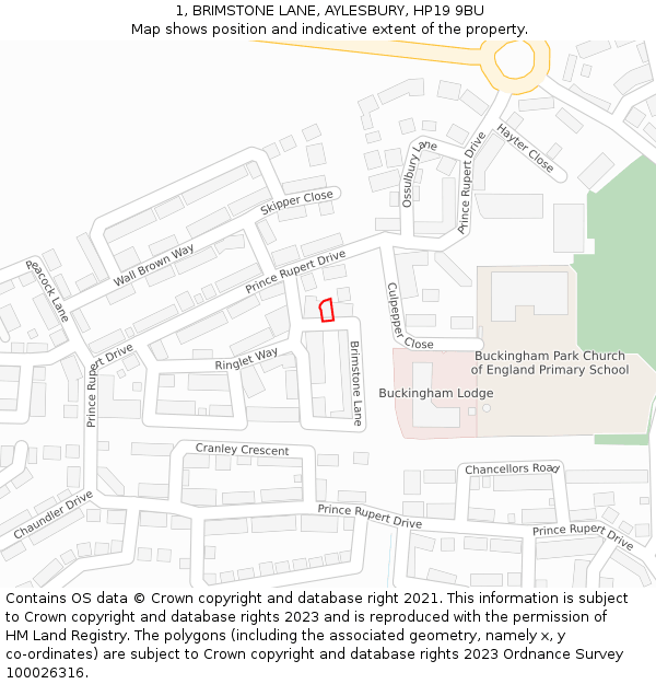 1, BRIMSTONE LANE, AYLESBURY, HP19 9BU: Location map and indicative extent of plot
