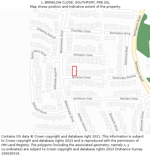 1, BRINKLOW CLOSE, SOUTHPORT, PR8 2SL: Location map and indicative extent of plot