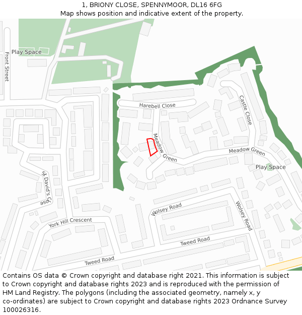 1, BRIONY CLOSE, SPENNYMOOR, DL16 6FG: Location map and indicative extent of plot