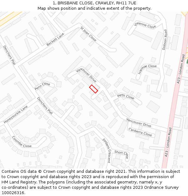 1, BRISBANE CLOSE, CRAWLEY, RH11 7UE: Location map and indicative extent of plot
