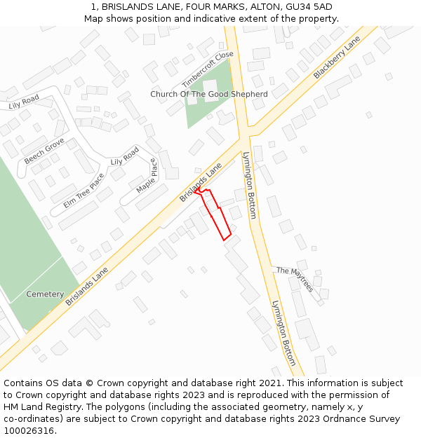 1, BRISLANDS LANE, FOUR MARKS, ALTON, GU34 5AD: Location map and indicative extent of plot