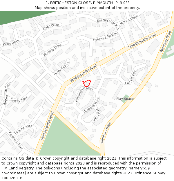 1, BRITICHESTON CLOSE, PLYMOUTH, PL9 9FF: Location map and indicative extent of plot