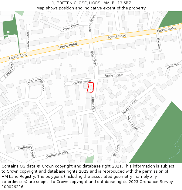 1, BRITTEN CLOSE, HORSHAM, RH13 6RZ: Location map and indicative extent of plot