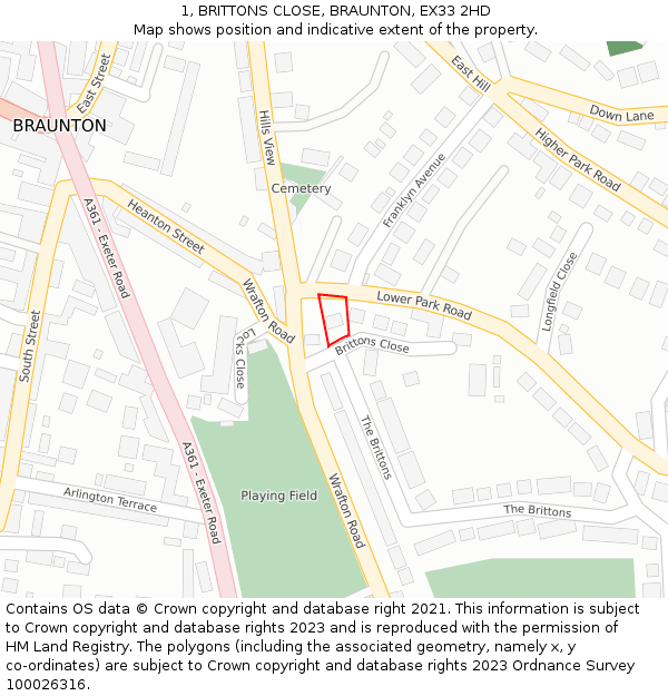 1, BRITTONS CLOSE, BRAUNTON, EX33 2HD: Location map and indicative extent of plot