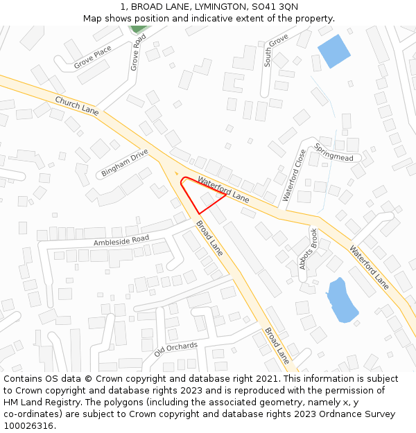 1, BROAD LANE, LYMINGTON, SO41 3QN: Location map and indicative extent of plot