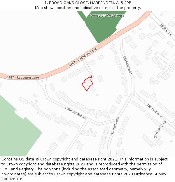 1, BROAD OAKS CLOSE, HARPENDEN, AL5 2PR: Location map and indicative extent of plot