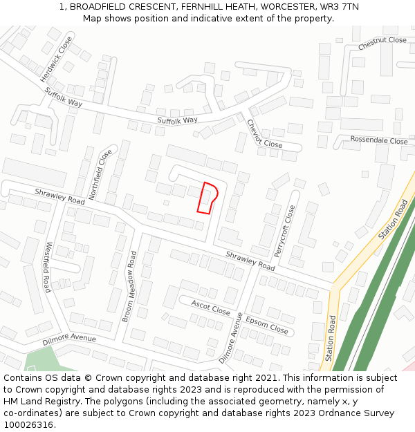 1, BROADFIELD CRESCENT, FERNHILL HEATH, WORCESTER, WR3 7TN: Location map and indicative extent of plot